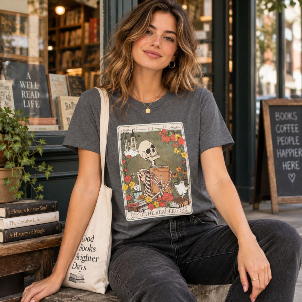 Bella Canvas The Reader Tarot Graphic Tee Women M Skeleton Books Gothic Floral